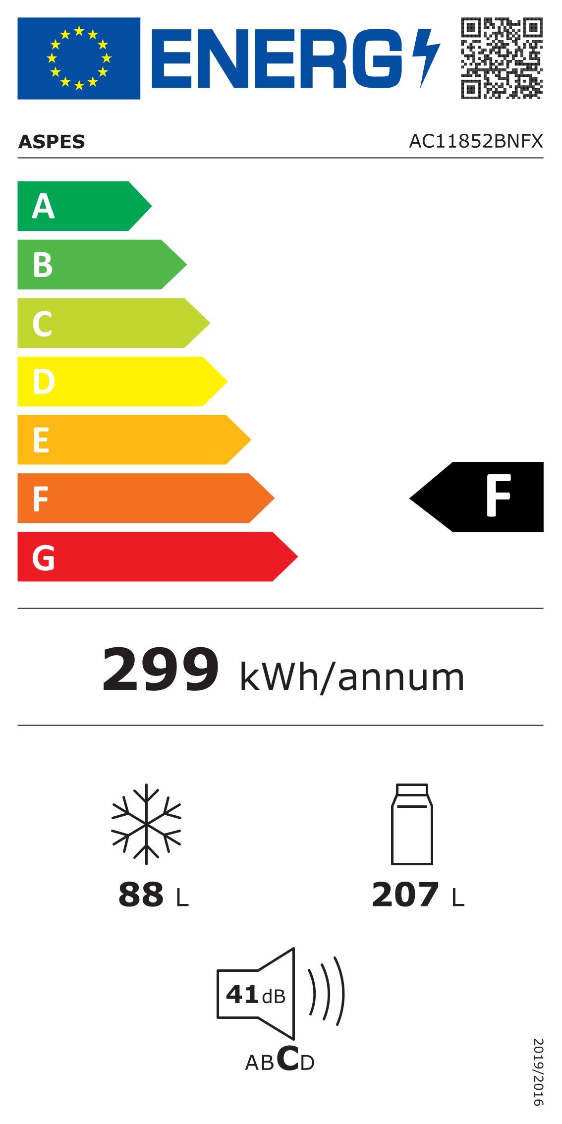 Frigorífico combi ASPES AC1852NF 185x60 NO FROST A+