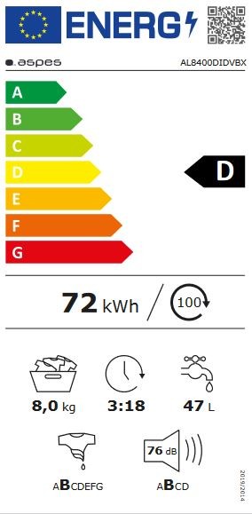 Lavadora Libre Instalación - Aspes AL8400DIDVB, 8 kg, 1400 rpm, Vapor ,  Blanco