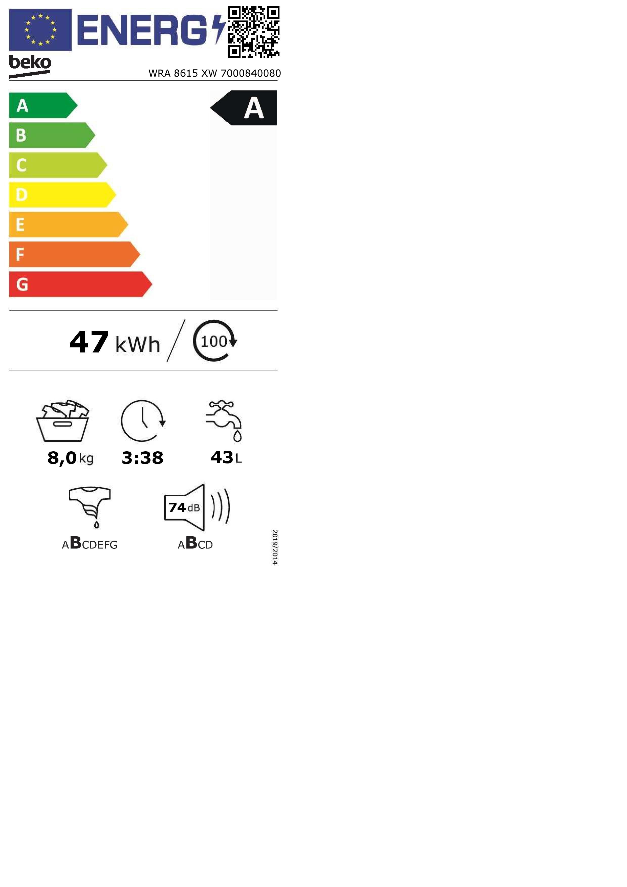 Lavadora carga frontal  Beko WRA 8615 XW, 8 kg, 1200 rpm, 15 Programas,  Función Vapor, Blanco